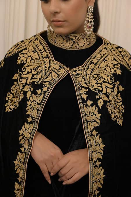Daljit Sudan_Black Velvet Embroidery High Neck Kashmiri Cape And Pant Set _Online_at_Aza_Fashions