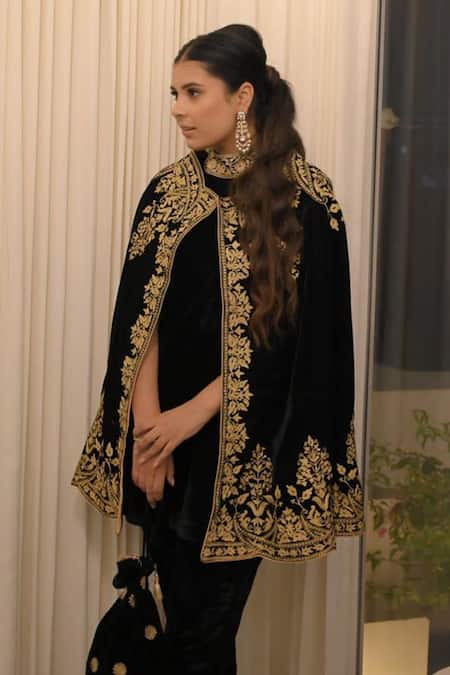 Buy_Daljit Sudan_Black Velvet Embroidery High Neck Kashmiri Cape And Pant Set _Online_at_Aza_Fashions