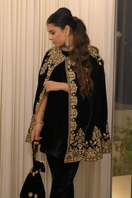 Shop_Daljit Sudan_Black Velvet Embroidery High Neck Kashmiri Cape And Pant Set _Online_at_Aza_Fashions