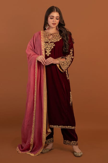 Daljit Sudan Maroon Velvet, Georgette Embroidery Round Neck Cutwork Aari Phiran Kurta Set Online at Aza Fashions Daljit Sudan_Maroon Velvet, Georgette Embroidery Round Neck Cutwork Aari Phiran Kurta Set _Online_at_Aza_Fashions