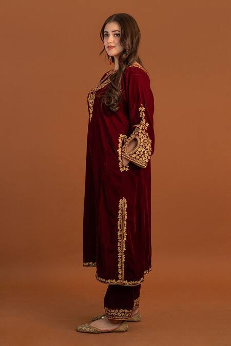 Shop Daljit Sudan Maroon Velvet, Georgette Embroidery Round Neck Cutwork Aari Phiran Kurta Set Online at Aza Fashions Shop_Daljit Sudan_Maroon Velvet, Georgette Embroidery Round Neck Cutwork Aari Phiran Kurta Set _Online_at_Aza_Fashions