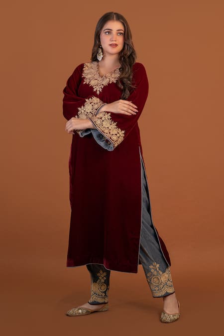 Daljit Sudan Maroon Velvet, Cotton Embroidery V-neck Kashmiri Kurta And Pant Set Online at Aza Fashions Daljit Sudan_Maroon Velvet, Cotton Embroidery V-neck Kashmiri Kurta And Pant Set _Online_at_Aza_Fashions