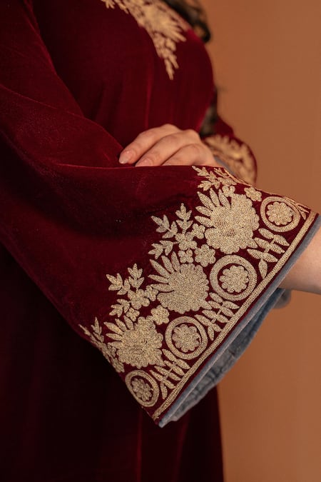 Buy Daljit Sudan Maroon Velvet, Cotton Embroidery V-neck Kashmiri Kurta And Pant Set Online at Aza Fashions Buy_Daljit Sudan_Maroon Velvet, Cotton Embroidery V-neck Kashmiri Kurta And Pant Set _Online_at_Aza_Fashions