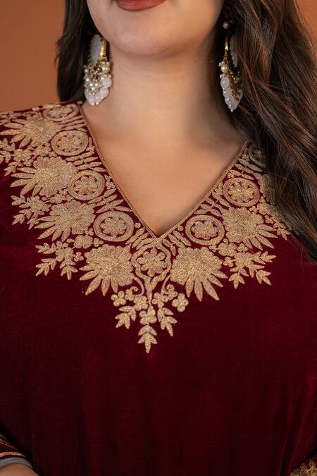 Shop Daljit Sudan Maroon Velvet, Cotton Embroidery V-neck Kashmiri Kurta And Pant Set Online at Aza Fashions Shop_Daljit Sudan_Maroon Velvet, Cotton Embroidery V-neck Kashmiri Kurta And Pant Set _Online_at_Aza_Fashions