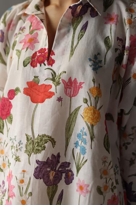 Shop_Roza_Ivory Linen Embroidery Collared Primrose Printed Kaftan _Online_at_Aza_Fashions