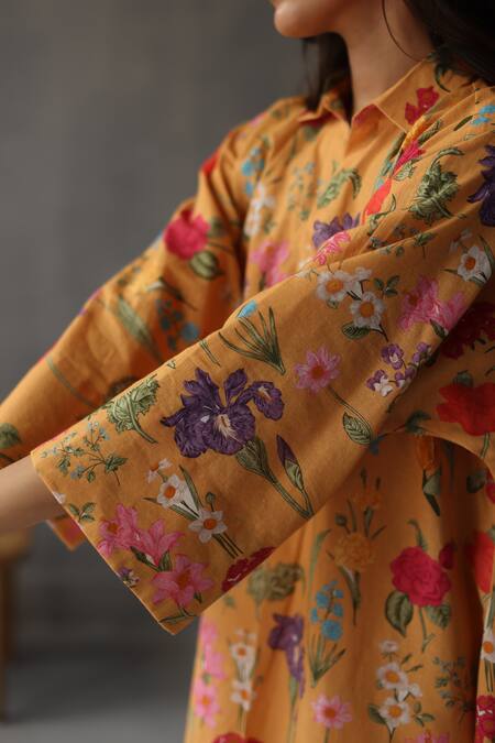 Shop_Roza_Yellow Linen Embroidery Collared Primrose Floral Print Kaftan _Online_at_Aza_Fashions