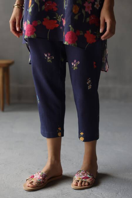 Buy Roza Blue Linen Embroidery Primrose Floral Pattern Straight Pant Online at Aza Fashions Buy_Roza_Blue Linen Embroidery Primrose Floral Pattern Straight Pant_Online_at_Aza_Fashions