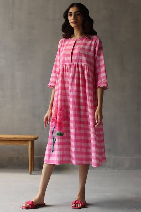 Roza_Pink Linen Fabric Flowers Round Neck Seville Hand Drawn Pattern Dress _Online_at_Aza_Fashions