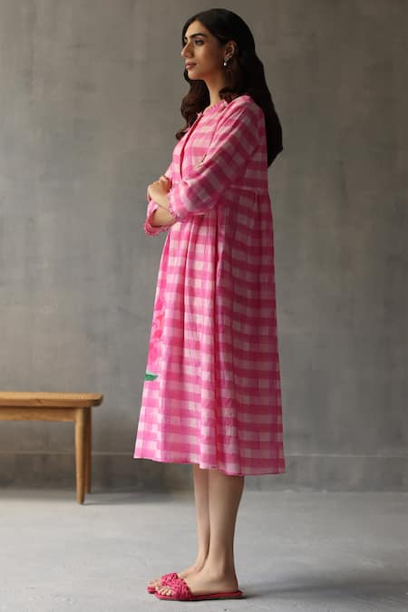 Buy_Roza_Pink Linen Fabric Flowers Round Neck Seville Hand Drawn Pattern Dress _Online_at_Aza_Fashions