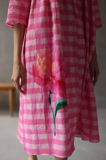 Shop_Roza_Pink Linen Fabric Flowers Round Neck Seville Hand Drawn Pattern Dress _Online_at_Aza_Fashions