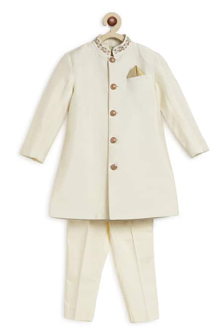 Shop_Tiber Taber_Cream Silk, Cotton Solid Sherwani Pant Set _at_Aza_Fashions