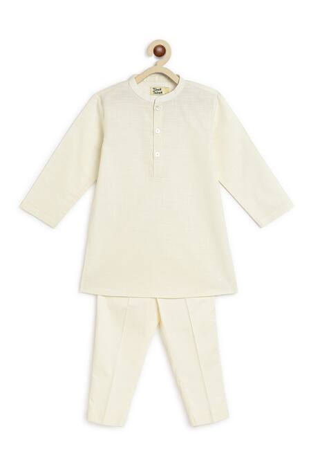 Tiber Taber_Cream Silk, Cotton Solid Sherwani Pant Set _Online_at_Aza_Fashions