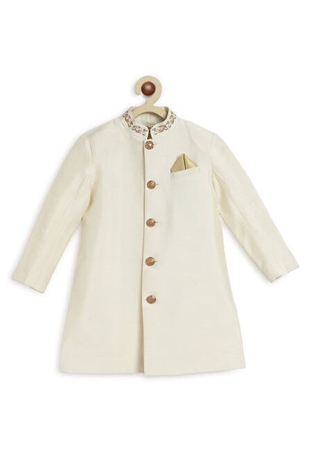 Shop_Tiber Taber_Cream Silk, Cotton Solid Sherwani Pant Set _Online_at_Aza_Fashions