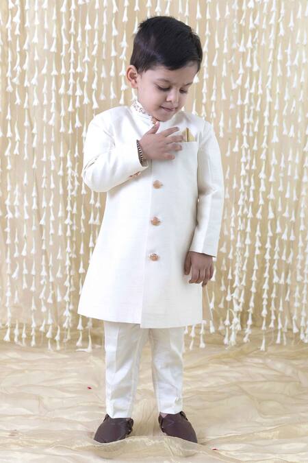 Buy_Tiber Taber_Cream Silk, Cotton Solid Sherwani Pant Set 