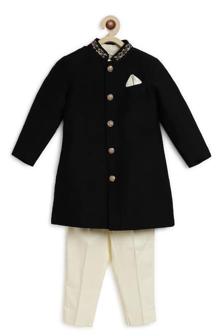 Shop Tiber Taber Black Silk, Cotton Solid Sherwani Pant Set at Aza Fashions Shop_Tiber Taber_Black Silk, Cotton Solid Sherwani Pant Set _at_Aza_Fashions