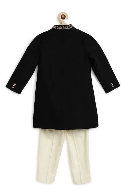 Shop Tiber Taber Black Silk, Cotton Solid Sherwani Pant Set Online at Aza Fashions Shop_Tiber Taber_Black Silk, Cotton Solid Sherwani Pant Set _Online_at_Aza_Fashions