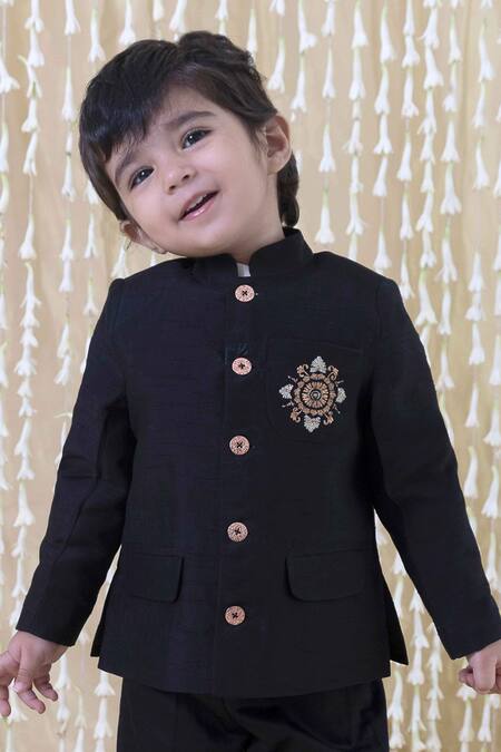 Tiber Taber_Black Silk, Cotton Embroidery Floral Zari Bandhgala_Online_at_Aza_Fashions