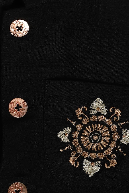 Shop_Tiber Taber_Black Silk, Cotton Embroidery Floral Zari Bandhgala_Online_at_Aza_Fashions