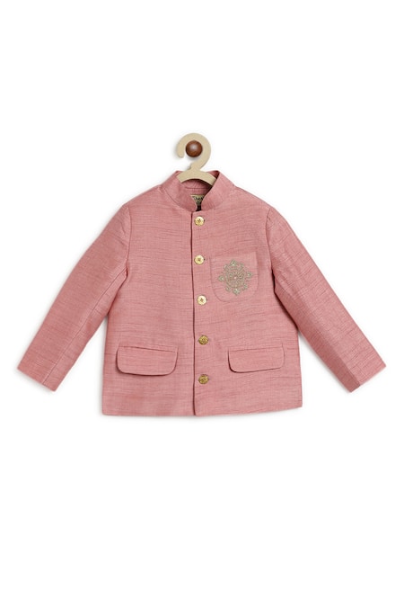 Shop Tiber Taber Pink Silk, Cotton Zari Floral Embroidered Bandhgala at Aza Fashions Shop_Tiber Taber_Pink Silk, Cotton Zari Floral Embroidered Bandhgala _at_Aza_Fashions