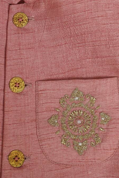 Shop Tiber Taber Pink Silk, Cotton Zari Floral Embroidered Bandhgala Online at Aza Fashions Shop_Tiber Taber_Pink Silk, Cotton Zari Floral Embroidered Bandhgala _Online_at_Aza_Fashions