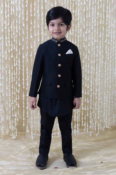 Tiber Taber_Black Silk, Cotton Zari Bloomy Collar Embroidered Bandhgala_Online_at_Aza_Fashions