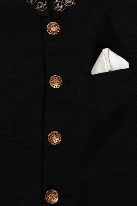 Shop_Tiber Taber_Black Silk, Cotton Zari Bloomy Collar Embroidered Bandhgala_Online_at_Aza_Fashions