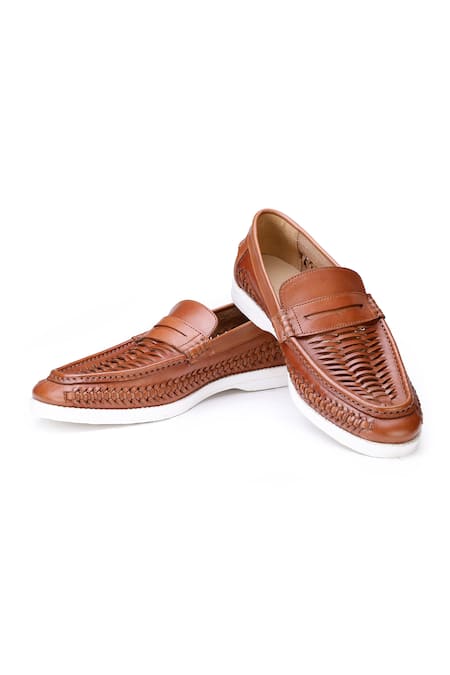 Shutiq Brown Woven Mosso Leather Interwoven Shoes 
