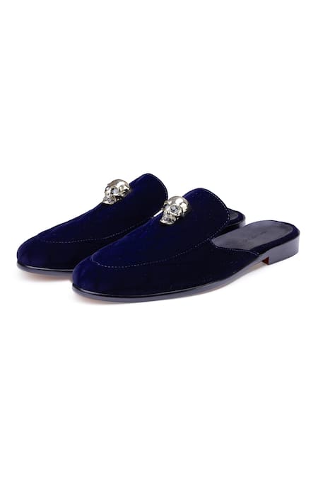 Shutiq Blue Embellished Skull Velvet Mules Online at Aza Fashions Shutiq_Blue Embellished Skull Velvet Mules _Online_at_Aza_Fashions