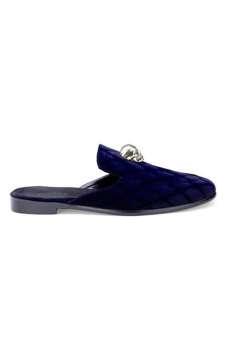 Buy Shutiq Blue Embellished Skull Velvet Mules Online at Aza Fashions Buy_Shutiq_Blue Embellished Skull Velvet Mules _Online_at_Aza_Fashions