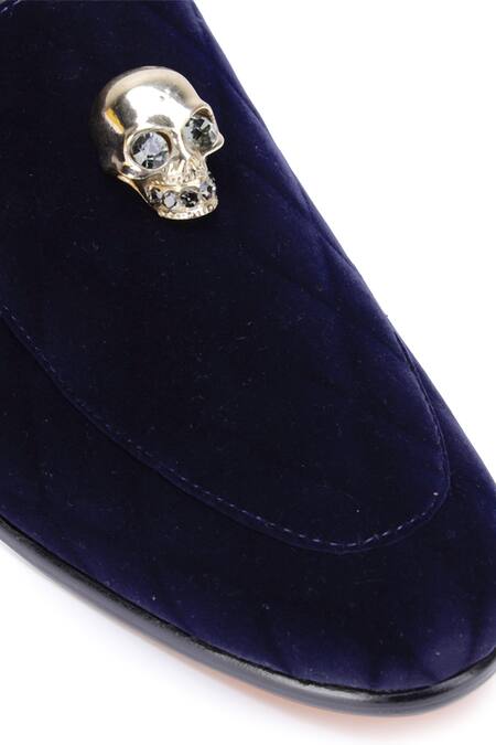 Shop Shutiq Blue Embellished Skull Velvet Mules Online at Aza Fashions Shop_Shutiq_Blue Embellished Skull Velvet Mules _Online_at_Aza_Fashions