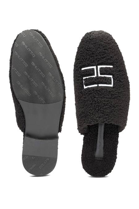 Shop_SHUTIQ_Black Textured Fur Mules _at_Aza_Fashions