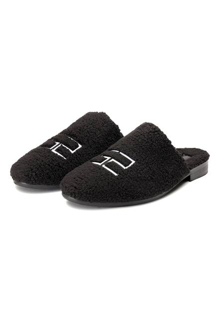 SHUTIQ_Black Textured Fur Mules _Online_at_Aza_Fashions