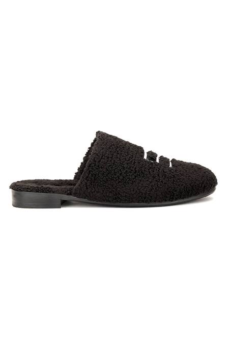 Buy_SHUTIQ_Black Textured Fur Mules _Online_at_Aza_Fashions