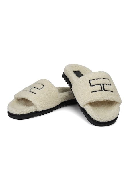 SHUTIQ White Textured Wookie Fur Slides For Men