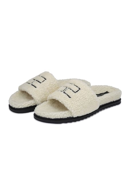 SHUTIQ White Textured Wookie Fur Slides For Men