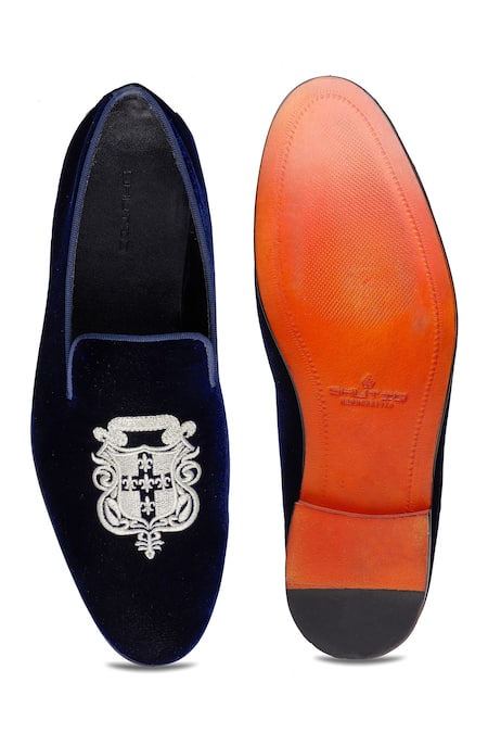 Shutiq Blue Velvet Embroidered Slip-On Shoes 
