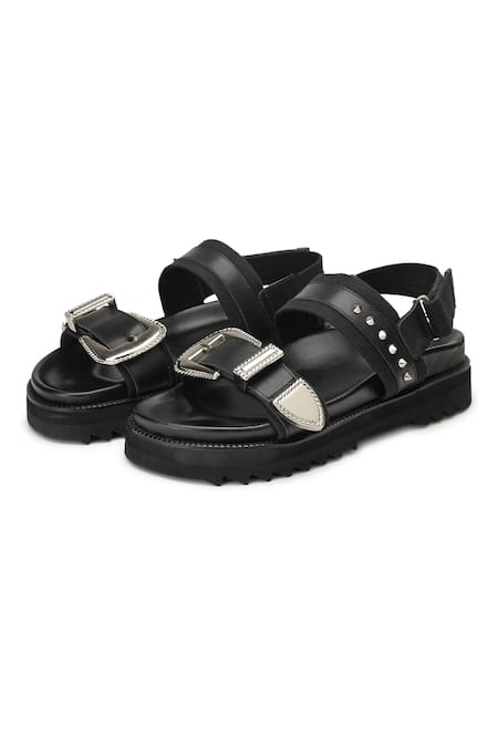 SHUTIQ Black Embellished Zuhur Leather Sandals For Men