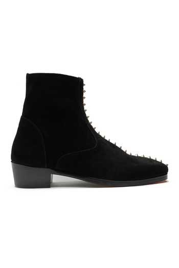 SHUTIQ_Black Embellished Spike Leather Boots _Online_at_Aza_Fashions