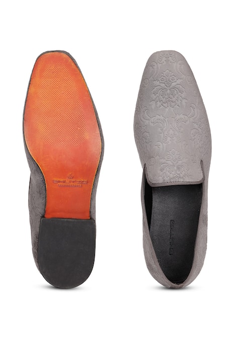 Shop_Shutiq_Gray Grey Velvet Floral Embossed Slip-on Shoes _at_Aza_Fashions