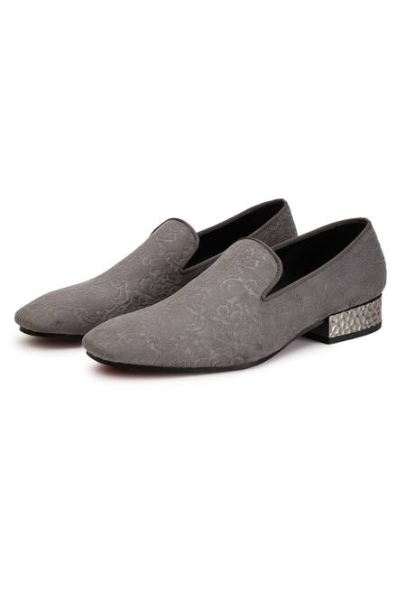 Shutiq_Gray Grey Velvet Floral Embossed Slip-on Shoes _Online_at_Aza_Fashions