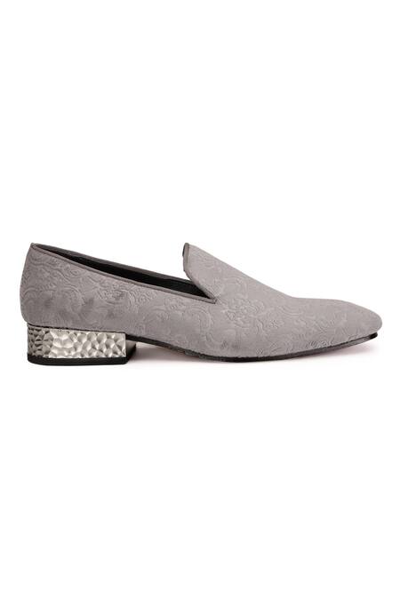 Buy_Shutiq_Gray Grey Velvet Floral Embossed Slip-on Shoes _Online_at_Aza_Fashions