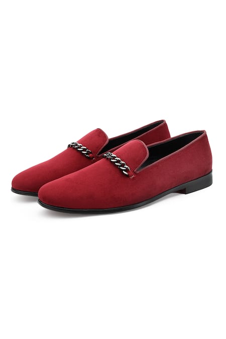 Shop Shutiq Wine Velvet Cuban Chain Shoes Online at Aza Fashions Shop_Shutiq_Wine Velvet Cuban Chain Shoes _Online_at_Aza_Fashions