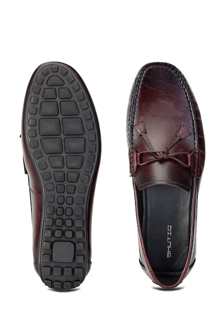 Shop Shutiq Wine Denali Leather Embossed Loafers at Aza Fashions Shop_Shutiq_Wine Denali Leather Embossed Loafers _at_Aza_Fashions
