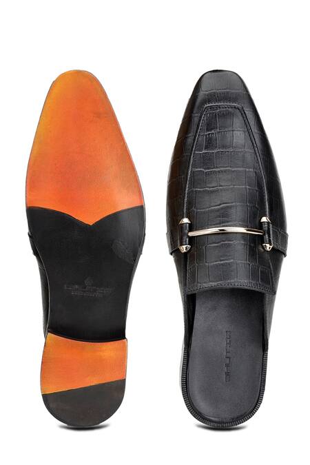 Shop Shutiq Black Enzo Croco Leather Mules at Aza Fashions Shop_Shutiq_Black Enzo Croco Leather Mules _at_Aza_Fashions