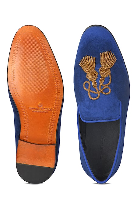Shop Shutiq Blue Hand Embroidered Amadai Coal Tasseled Velvet Shoes at Aza Fashions Shop_Shutiq_Blue Hand Embroidered Amadai Coal Tasseled Velvet Shoes _at_Aza_Fashions
