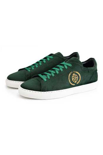 Buy_SHUTIQ_Green Embroidered Arca Initial Velvet Sneakers _Online_at_Aza_Fashions