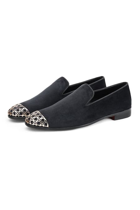 Shutiq_Black Embellished Argyle Coal Metal Toe Cap Shoes _Online_at_Aza_Fashions