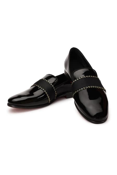 SHUTIQ Black Embroidered Auric Cummerbund Leather Shoes