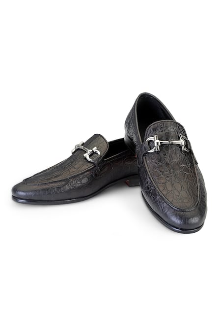 Shutiq Black Textured Baoli Gator Coal Leather Shoes
