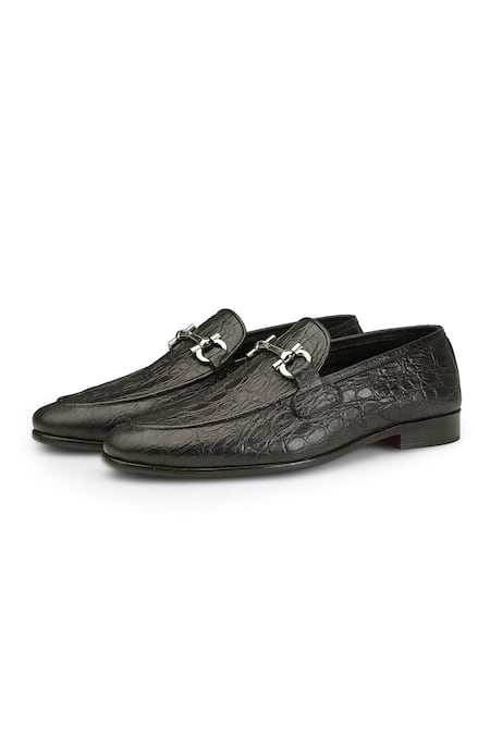 Shutiq_Black Textured Baoli Gator Coal Leather Shoes _Online_at_Aza_Fashions
